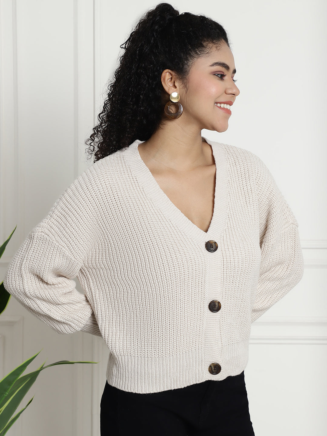 Rib-knit Open Front Buttons Closure Beige Cardigan