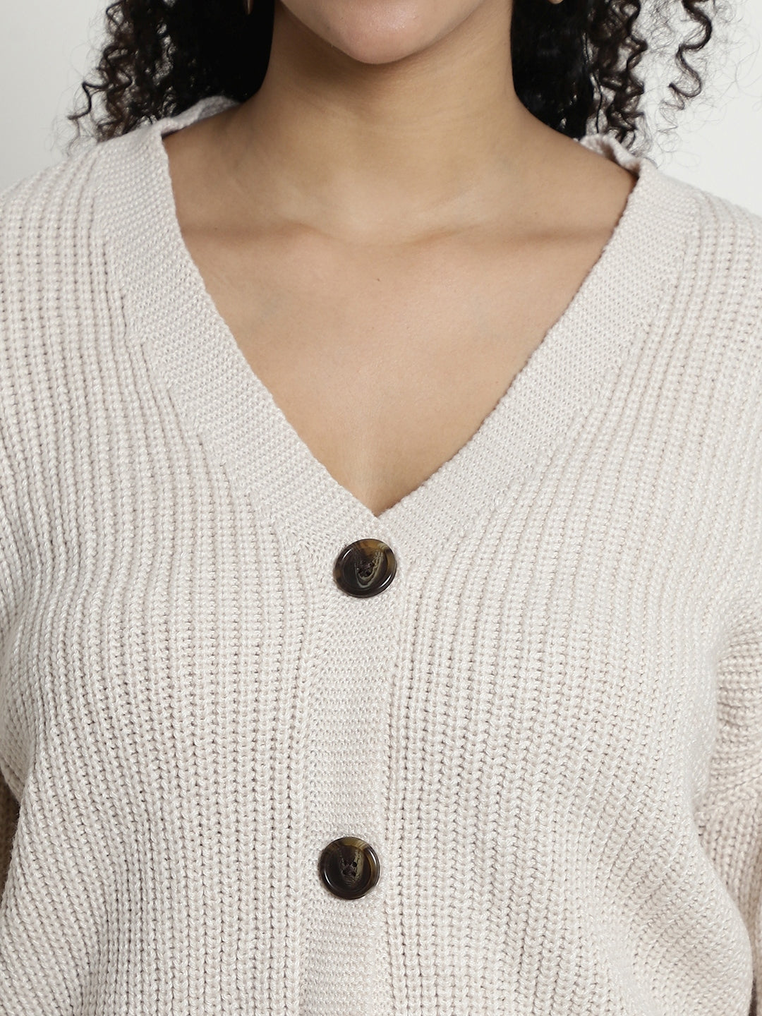 Rib-knit Open Front Buttons Closure Beige Cardigan