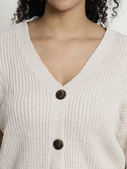 Rib-knit Open Front Buttons Closure Beige Cardigan