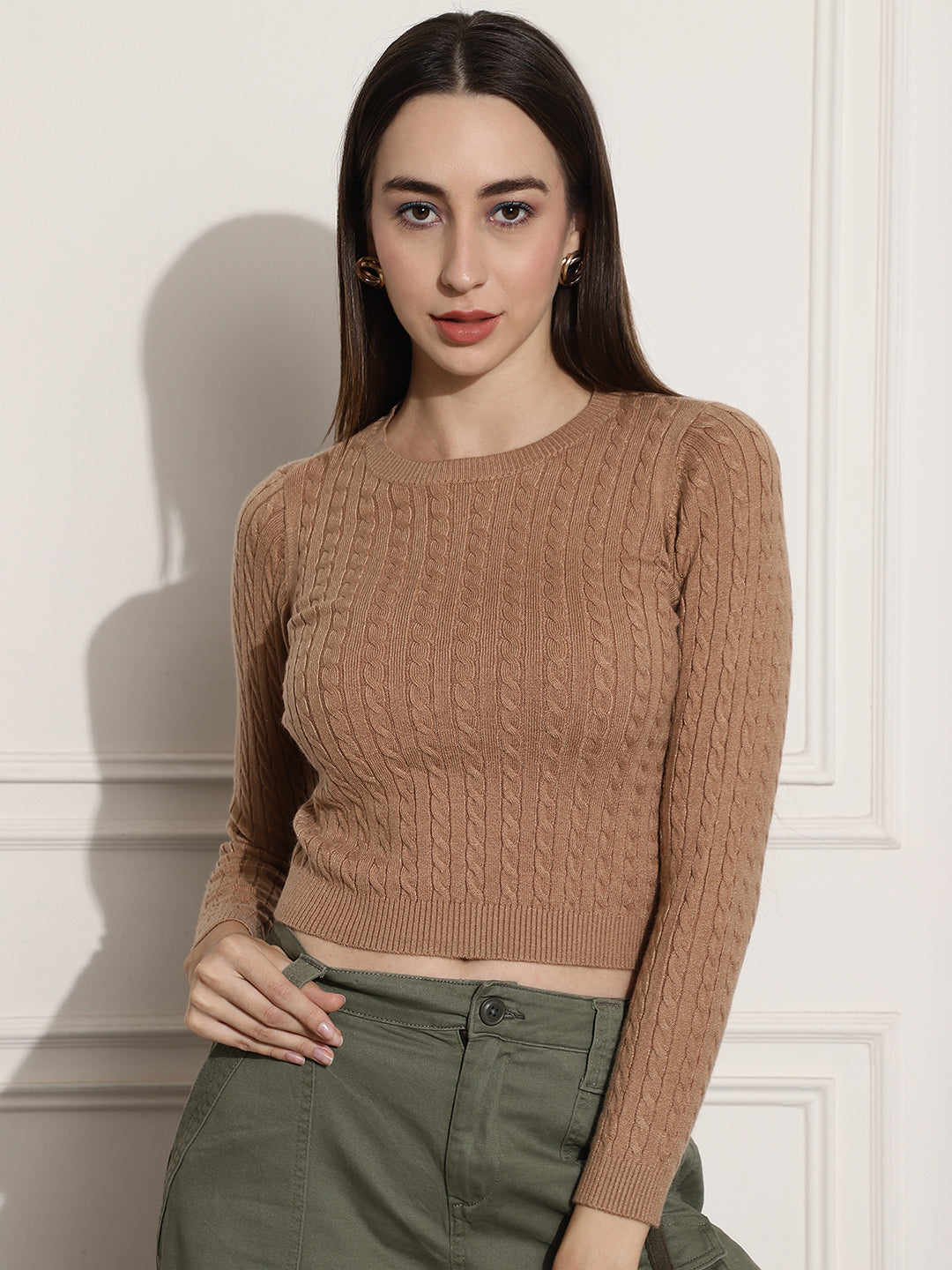 Round Neck Kable Knit Brown Sweater