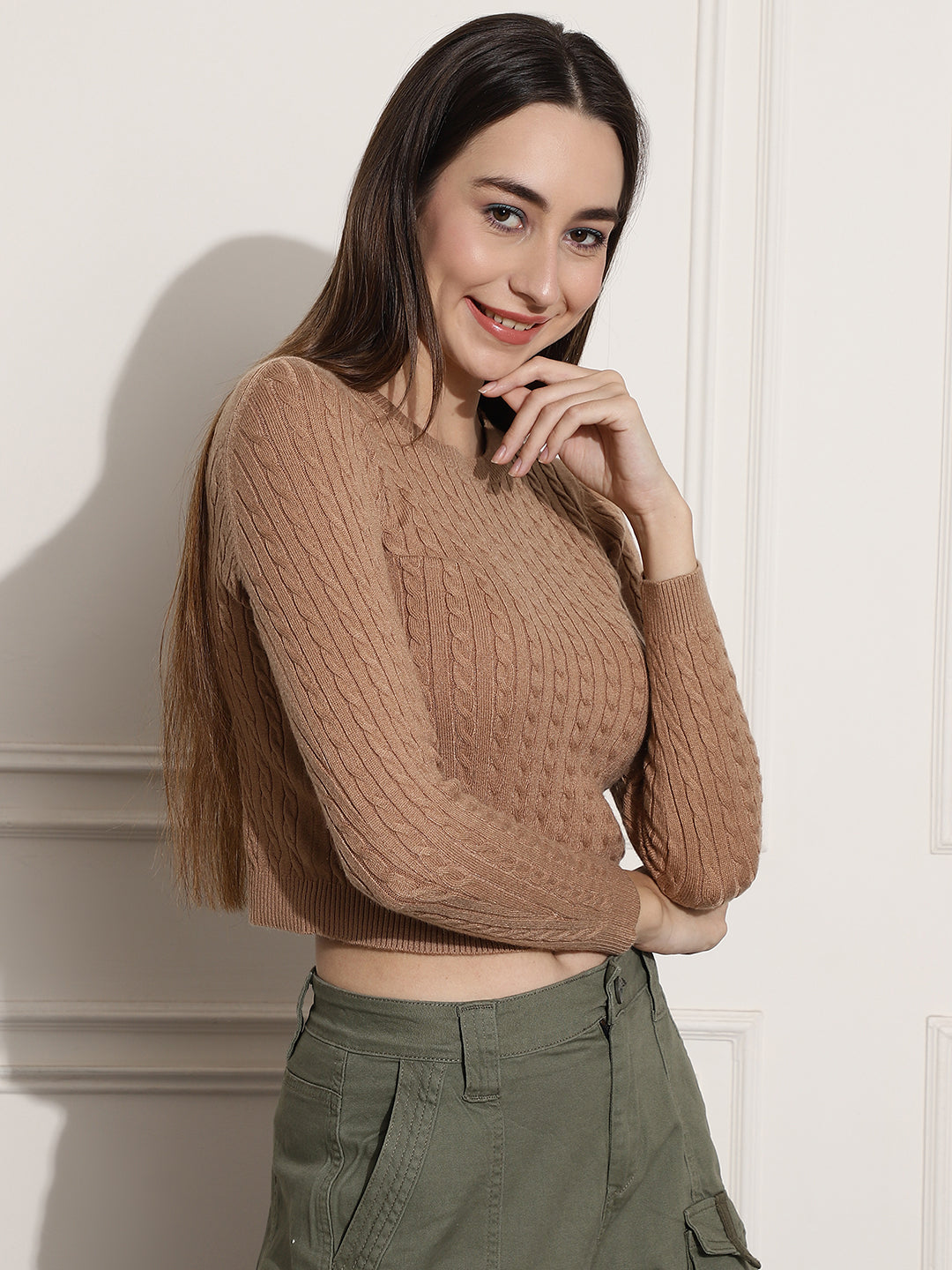 Round Neck Kable Knit Brown Sweater