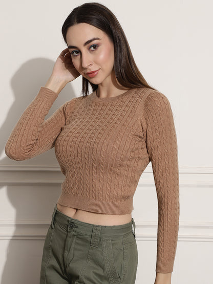 Round Neck Kable Knit Brown Sweater