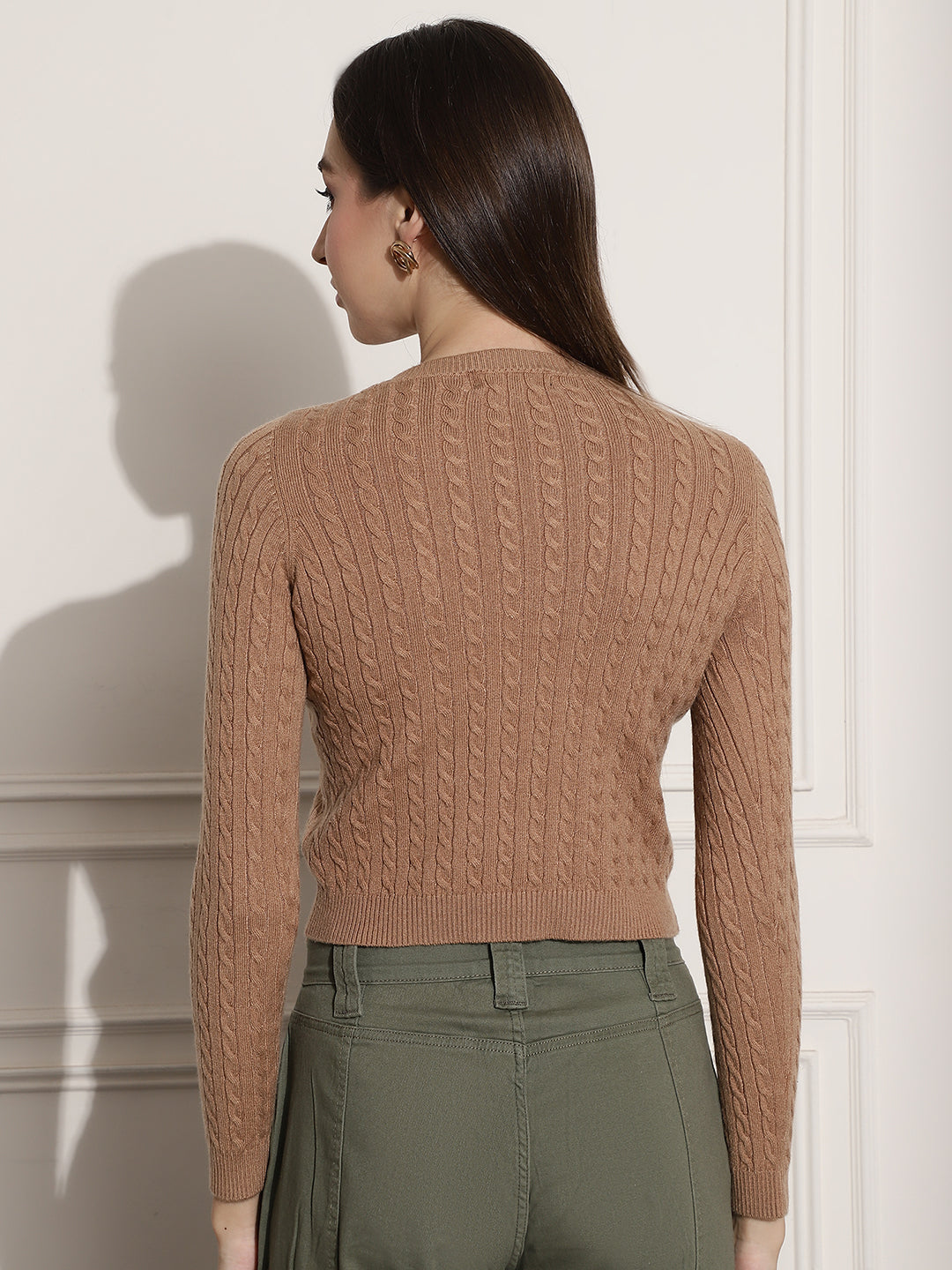 Round Neck Kable Knit Brown Sweater