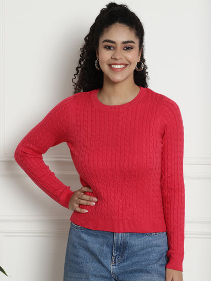 Round Neck Kable Knit Red Sweater