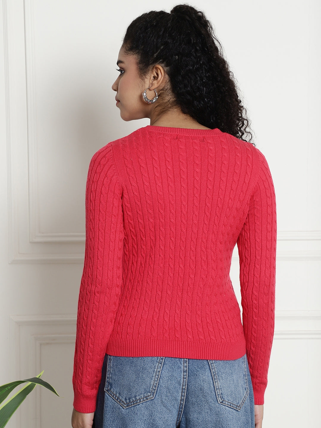 Round Neck Kable Knit Red Sweater