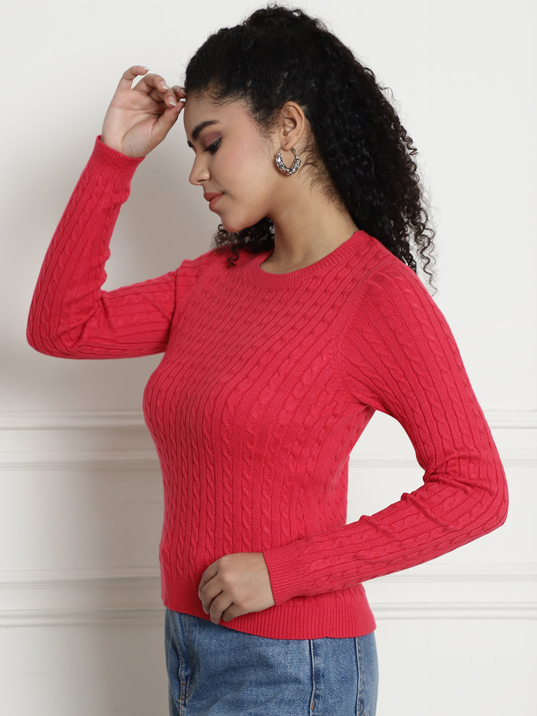 Round Neck Kable Knit Red Sweater