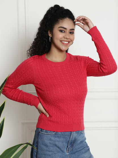 Round Neck Kable Knit Red Sweater