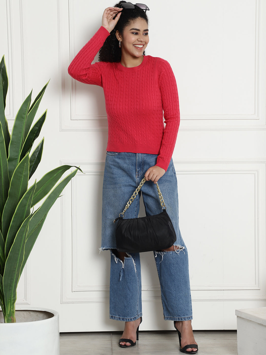 Round Neck Kable Knit Red Sweater