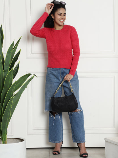 Round Neck Kable Knit Red Sweater