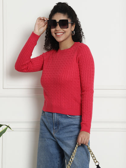 Round Neck Kable Knit Red Sweater