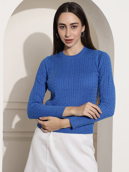 Round Neck Kable Knit Sea Blue Sweater