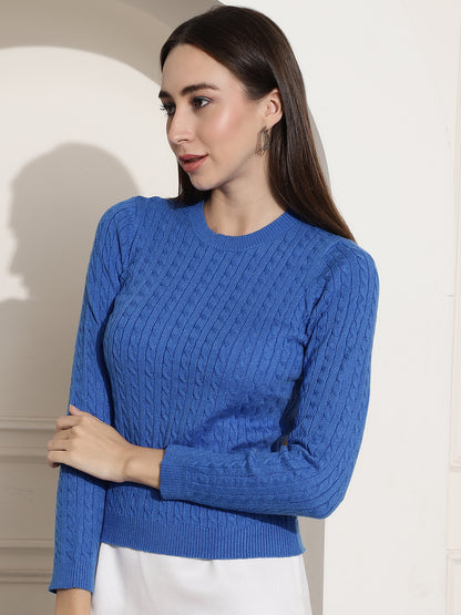 Round Neck Kable Knit Sea Blue Sweater