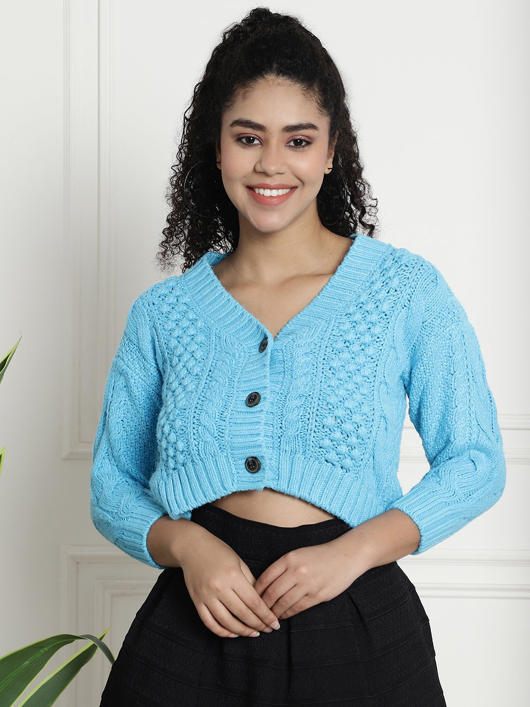 Open Front Buttons Closure Crop Blue Cardigan