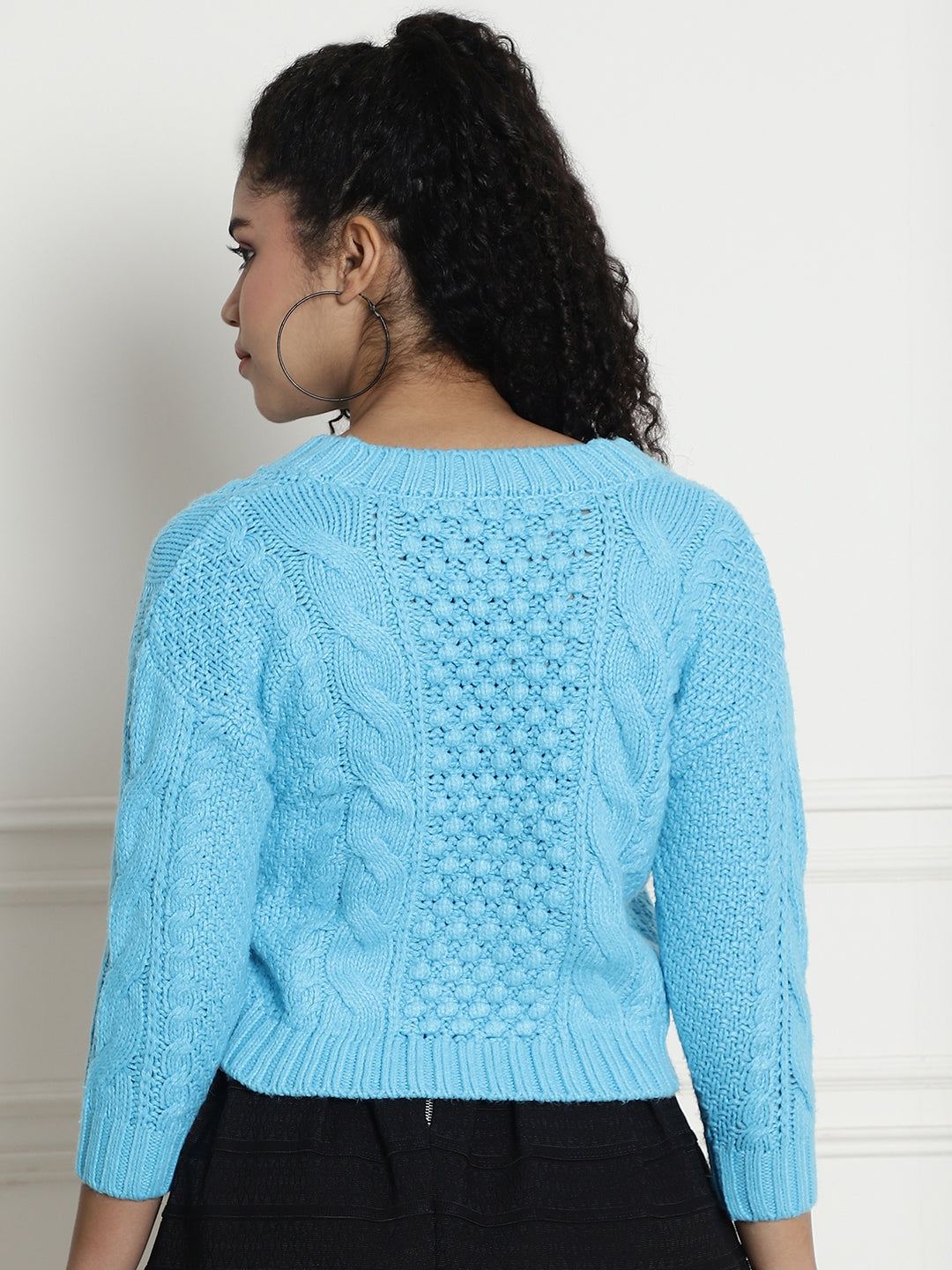 Open Front Buttons Closure Crop Blue Cardigan