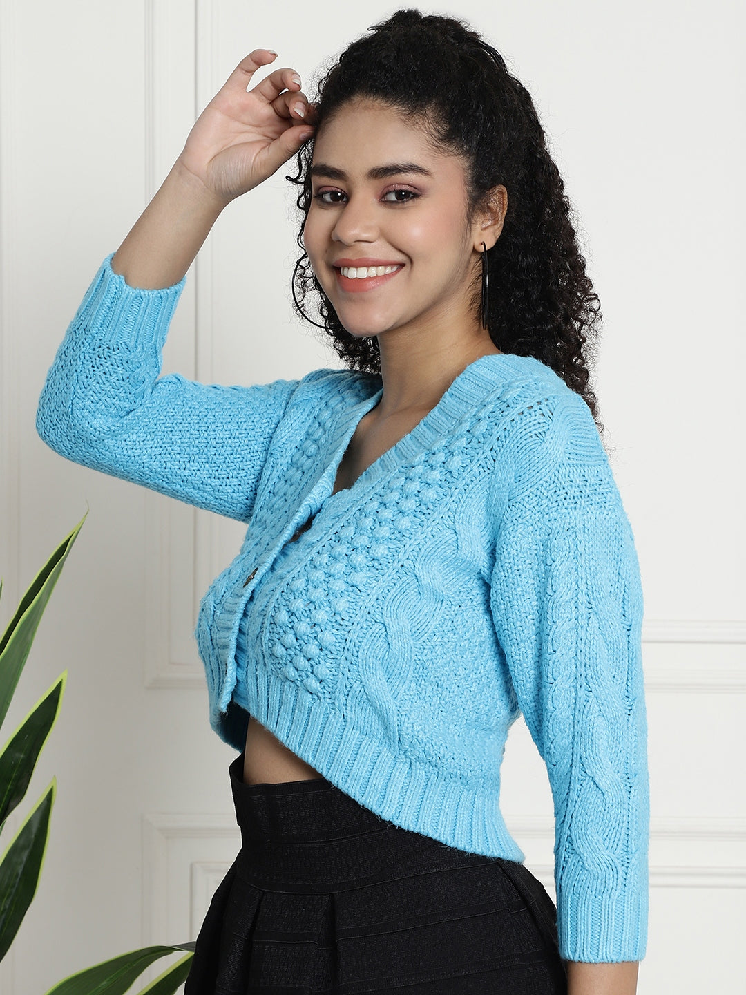 Open Front Buttons Closure Crop Blue Cardigan