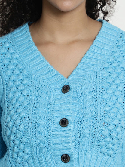 Open Front Buttons Closure Crop Blue Cardigan