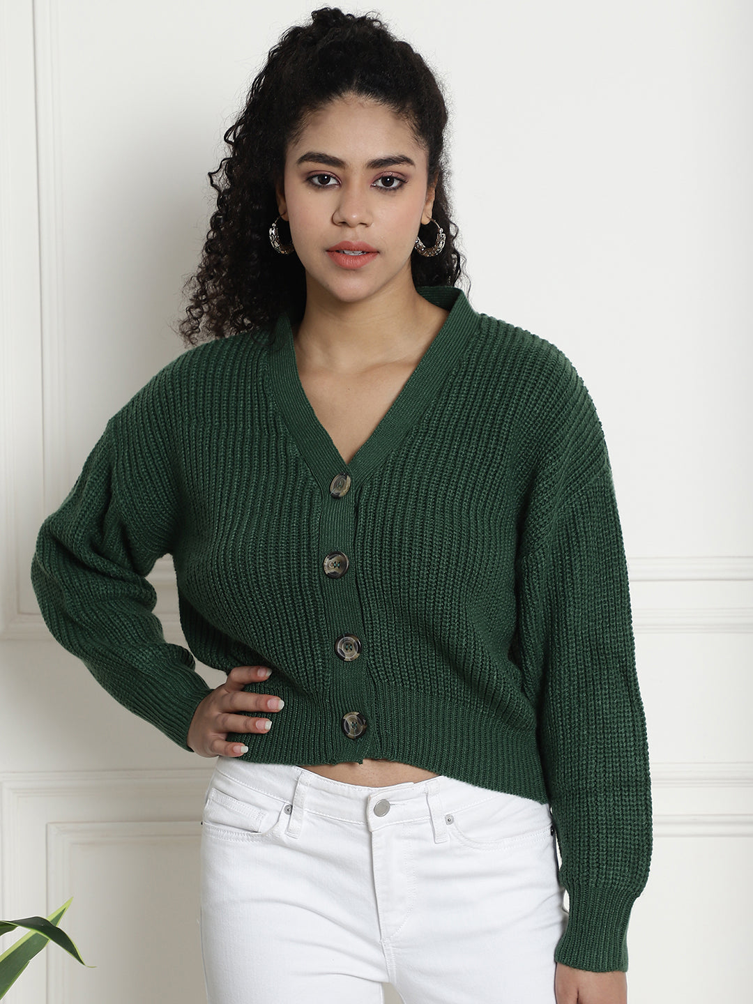 Rib-knit Open Front Buttons Closure Green Cardigan