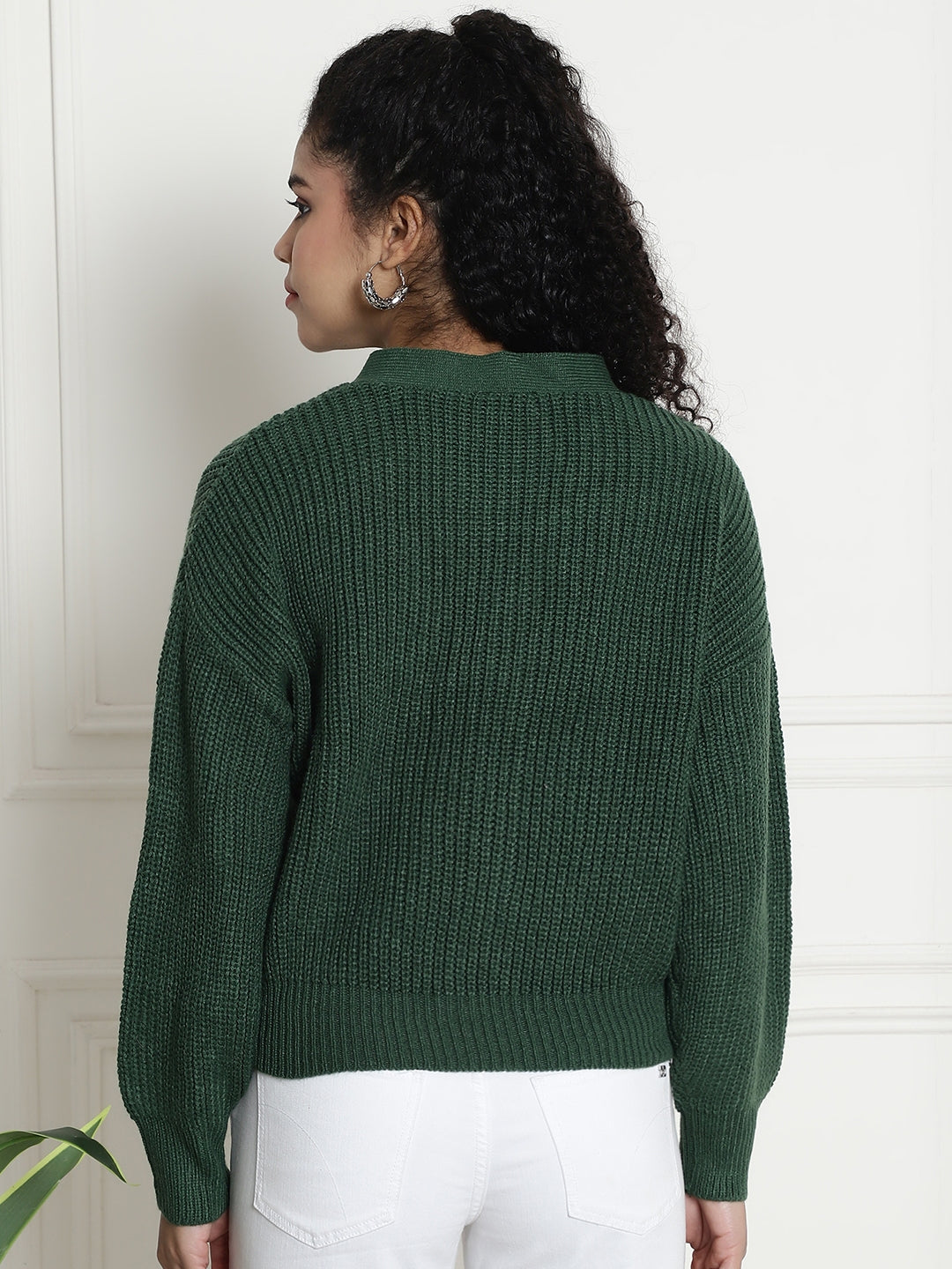 Rib-knit Open Front Buttons Closure Green Cardigan