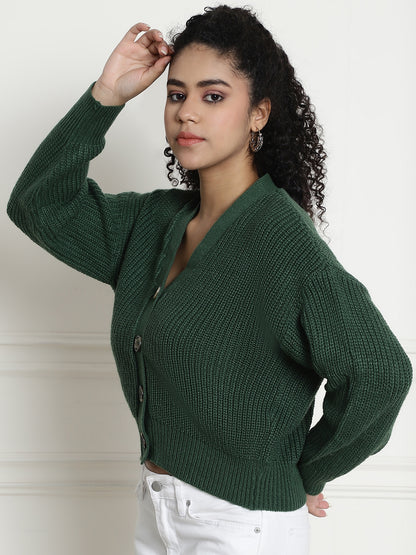 Rib-knit Open Front Buttons Closure Green Cardigan