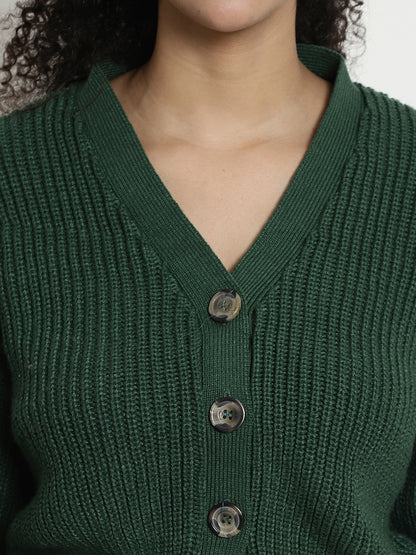 Rib-knit Open Front Buttons Closure Green Cardigan