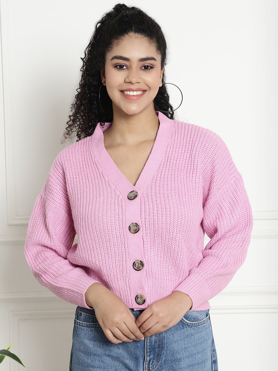 Rib-knit Open Front Buttons Closure Pink Cardigan