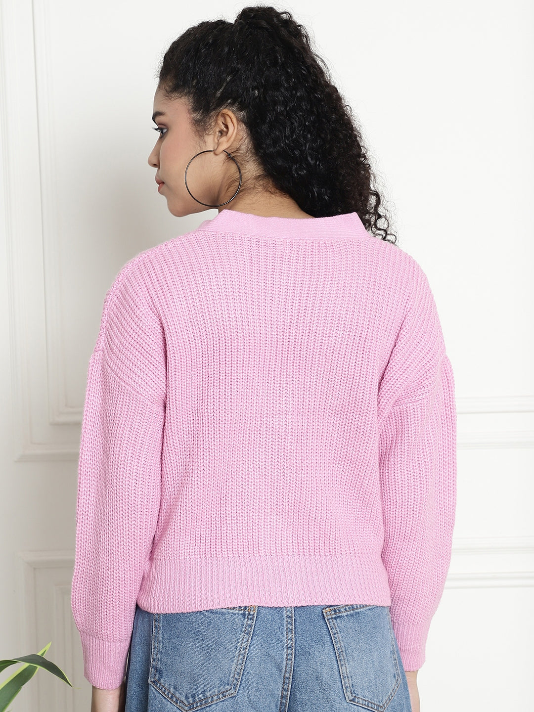 Rib-knit Open Front Buttons Closure Pink Cardigan