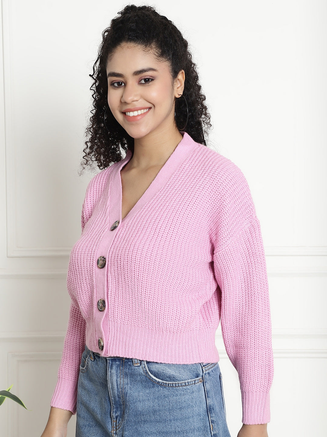 Rib-knit Open Front Buttons Closure Pink Cardigan