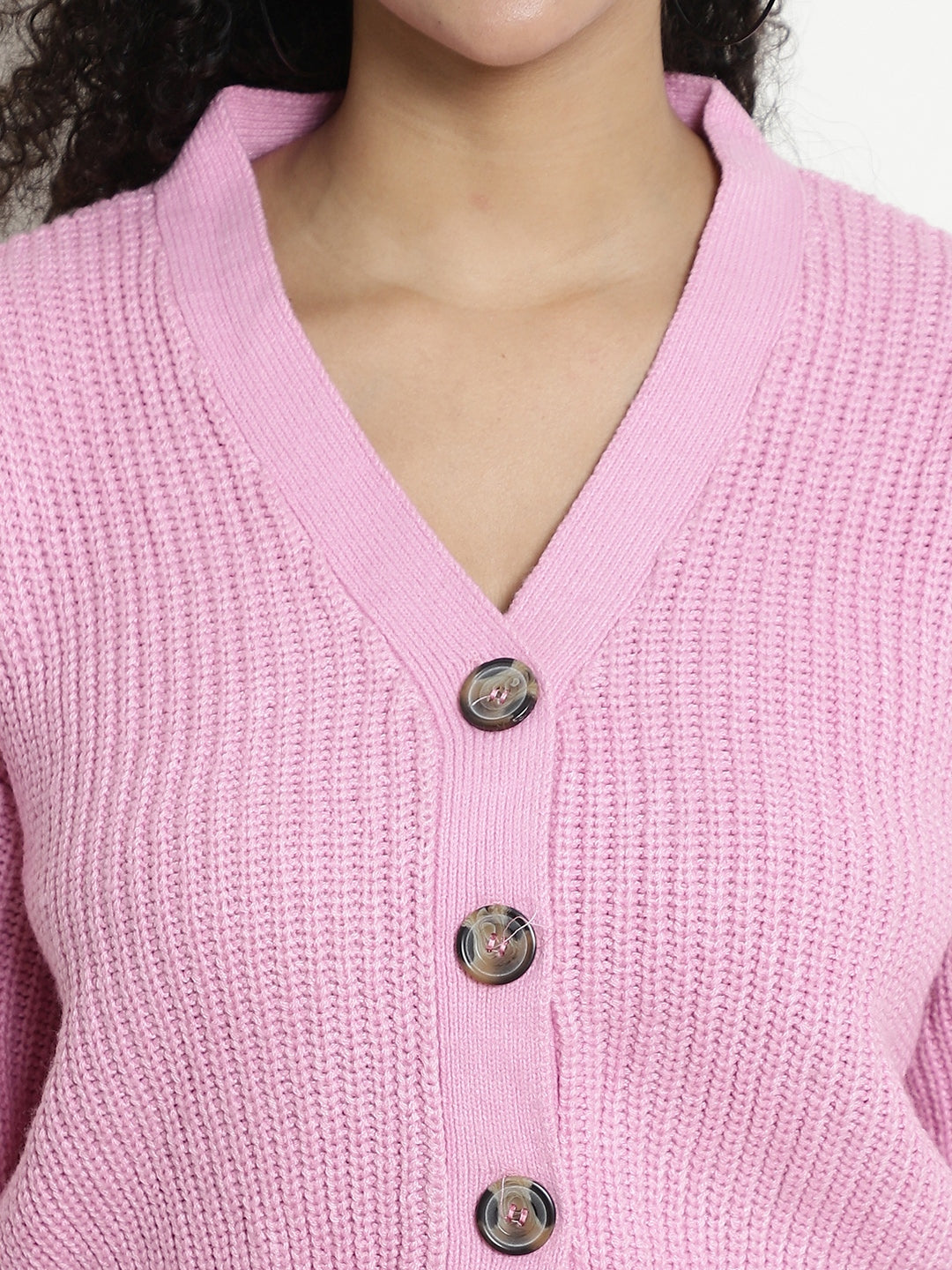 Rib-knit Open Front Buttons Closure Pink Cardigan