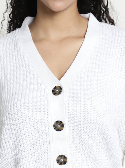 Rib-knit Open Front Buttons Closure White Cardigan