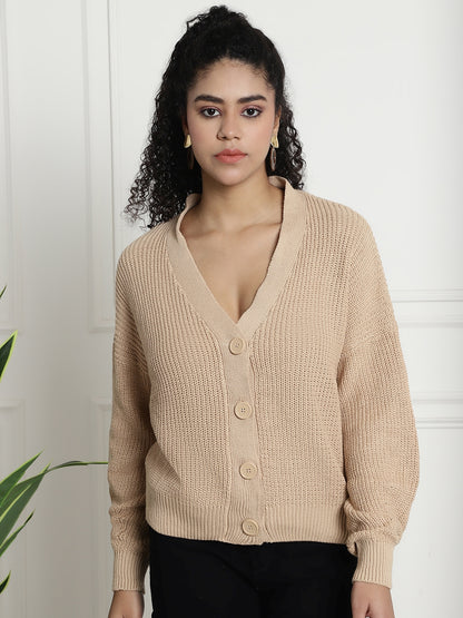 Open Front Buttons Closure Beige Cardigan