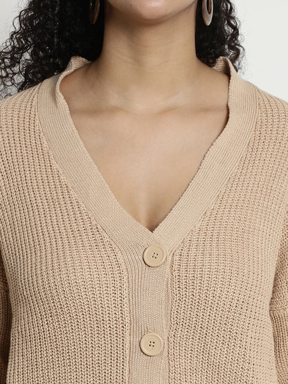 Open Front Buttons Closure Beige Cardigan