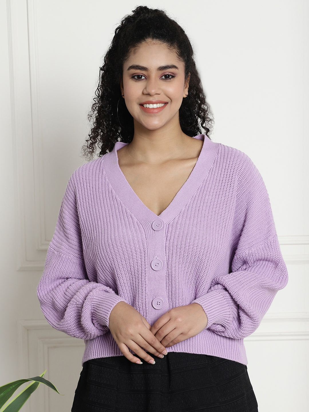 Open Front Buttons Closure Purple Cardigan