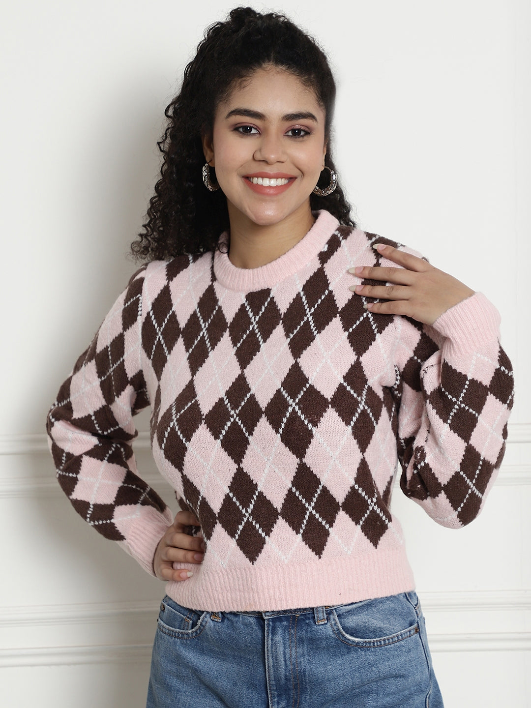 Full Sleeve Checkered Round Neck Dark Pink Sweater