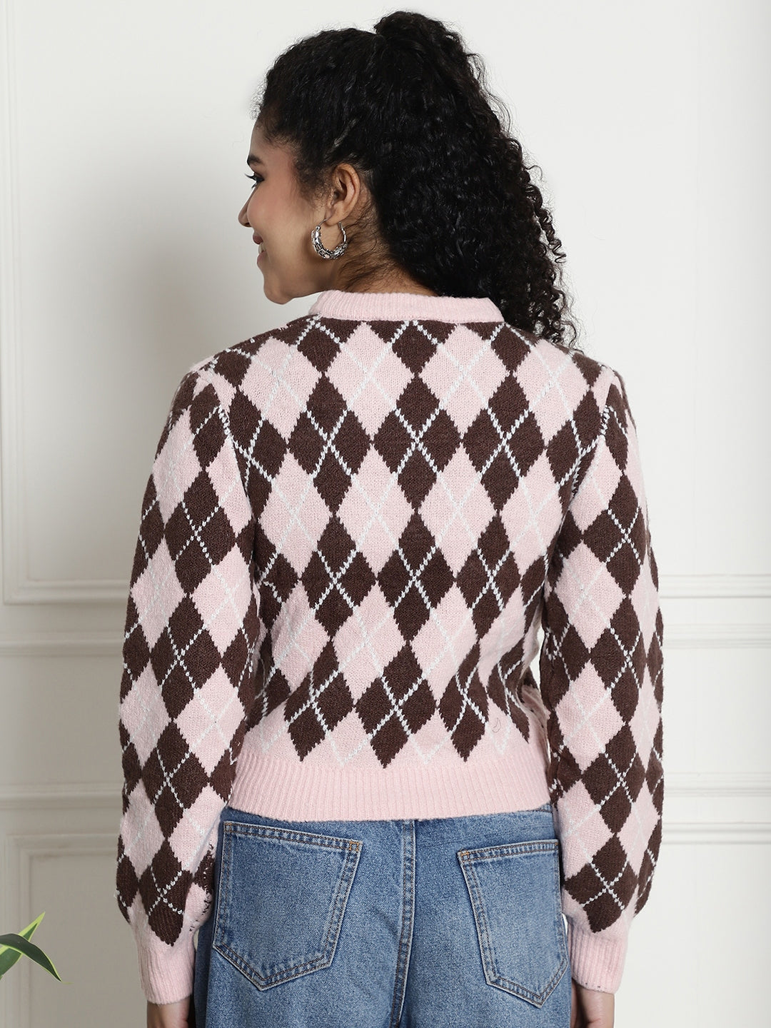 Full Sleeve Checkered Round Neck Dark Pink Sweater