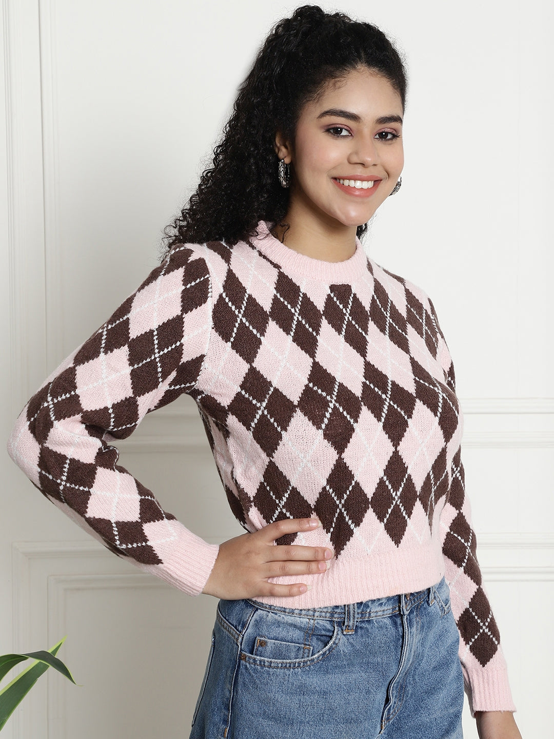 Full Sleeve Checkered Round Neck Dark Pink Sweater