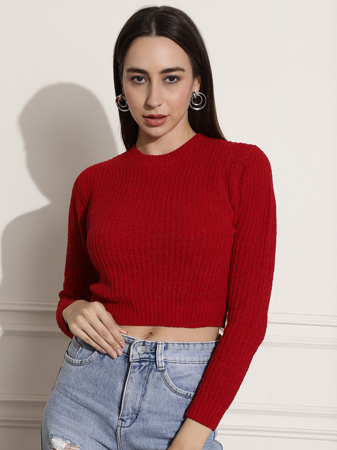 Viscose Round Neck Full Sleeve Red Sweater