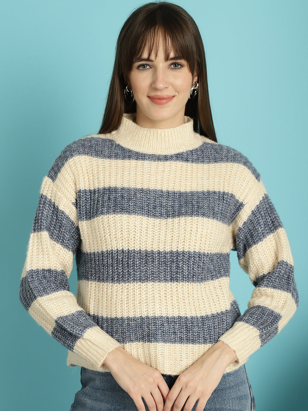 Striped Round-Neck Blue Sweater