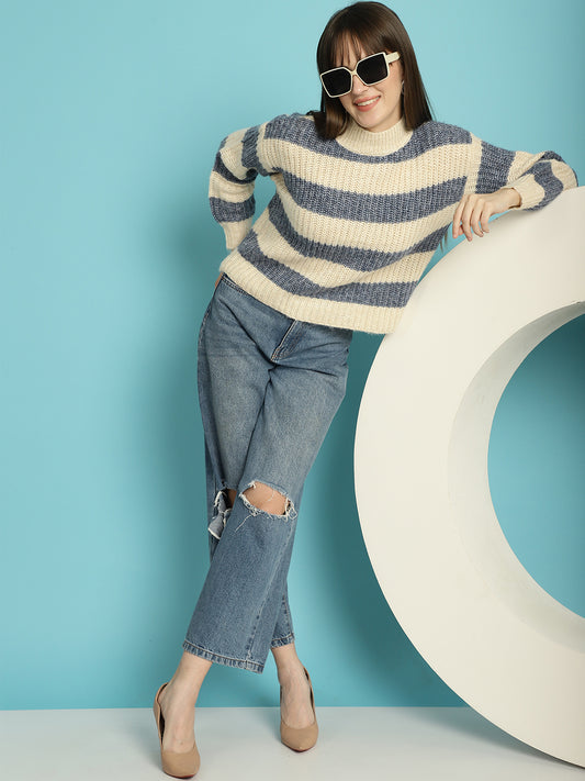 Striped Round-Neck Blue Sweater