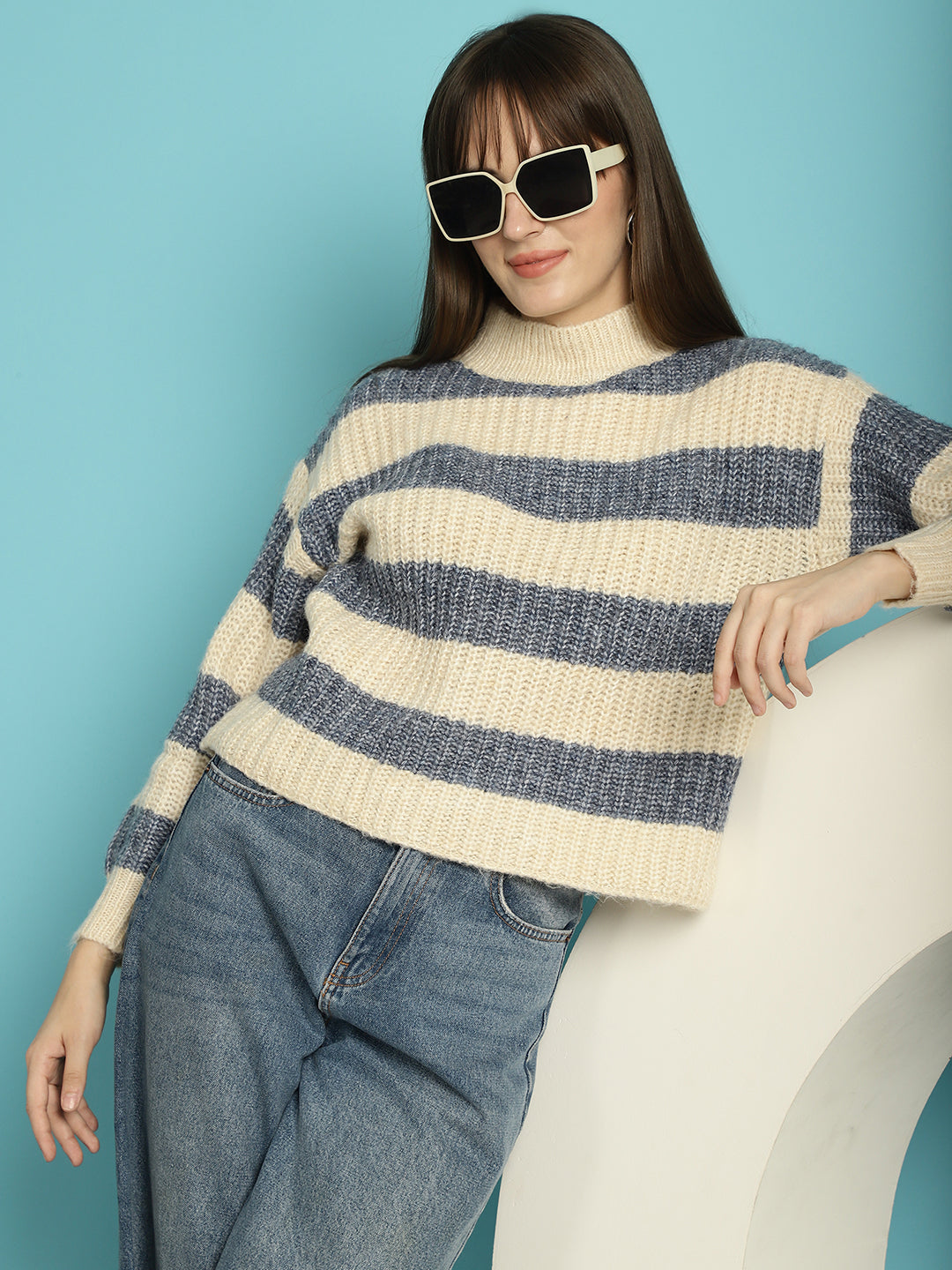 Striped Round-Neck Blue Sweater