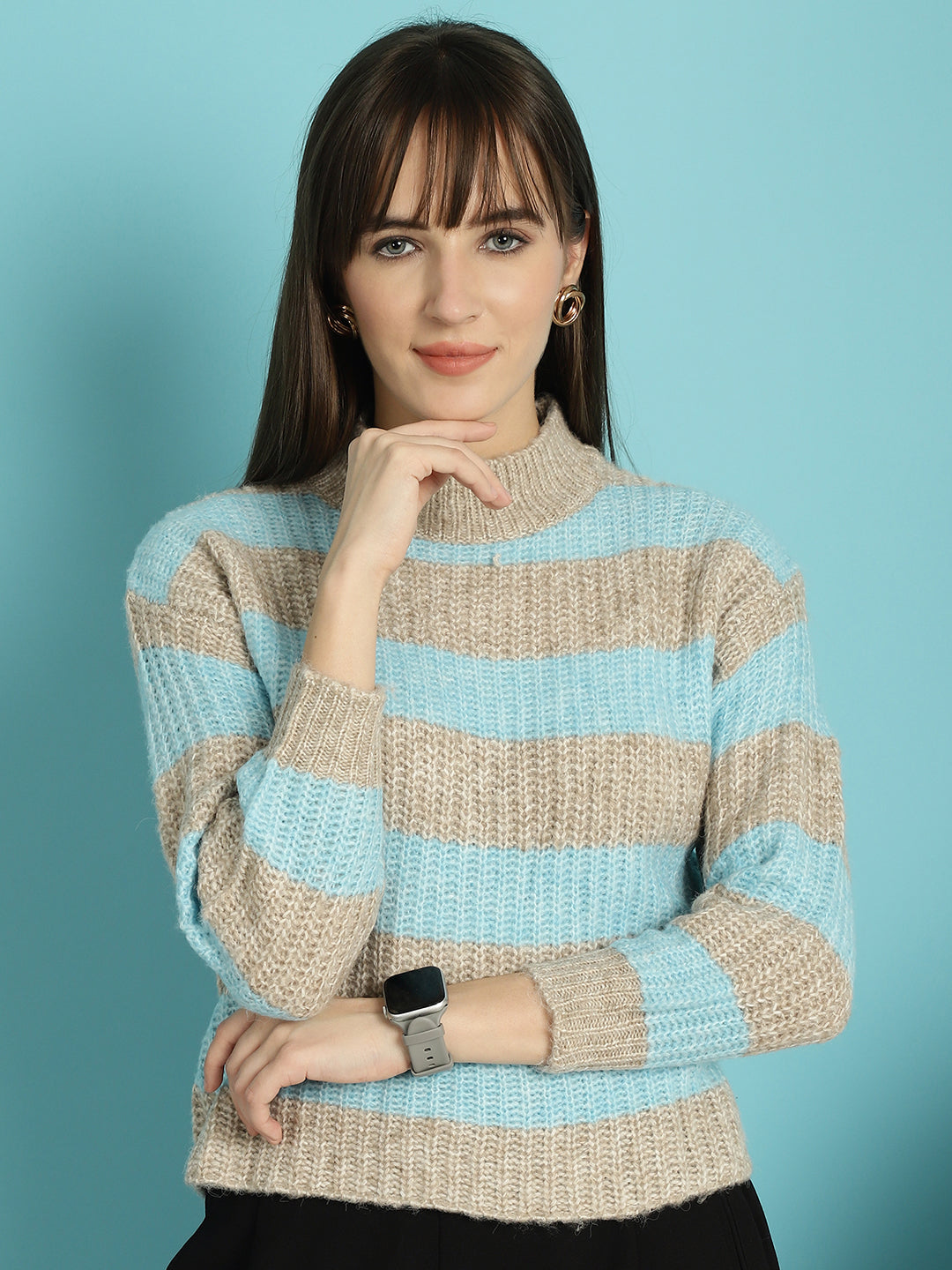 Striped Round-Neck Sky Blue Sweater