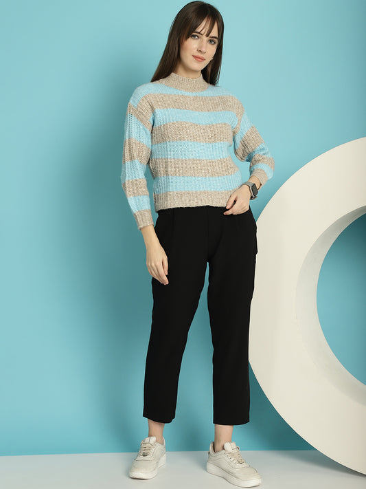 Striped Round-Neck Sky Blue Sweater