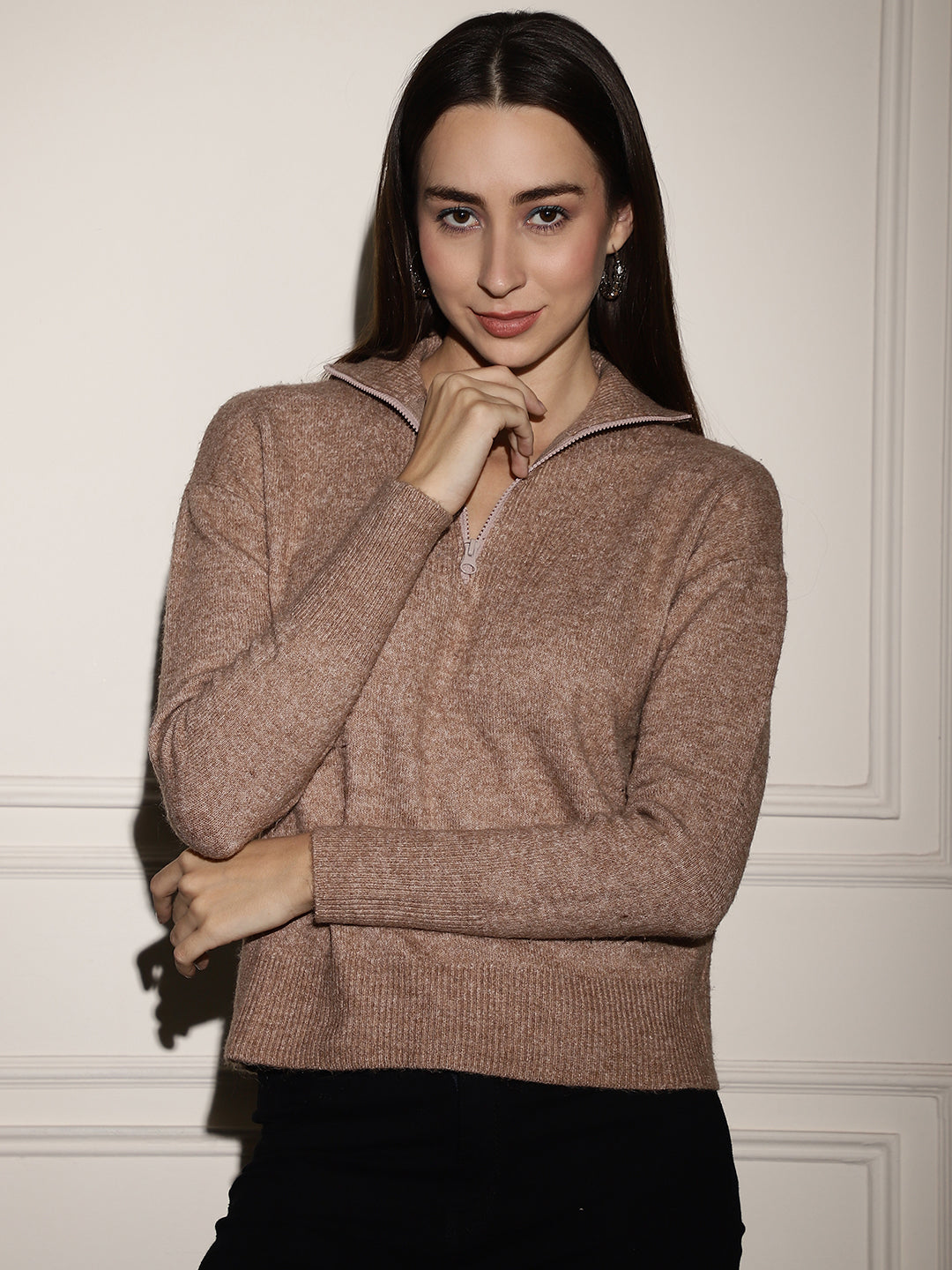 Acrylic Full Sleeve Brown Sweater with Collar