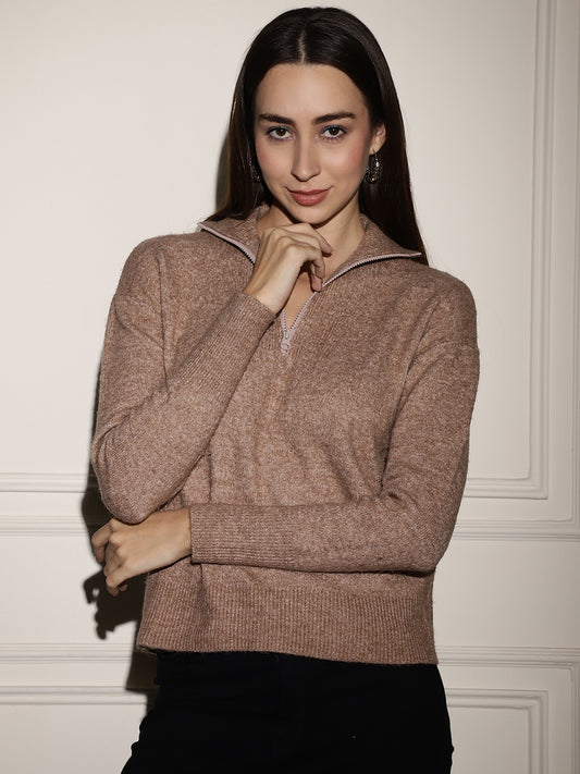 Acrylic Full Sleeve Brown Sweater with Collar