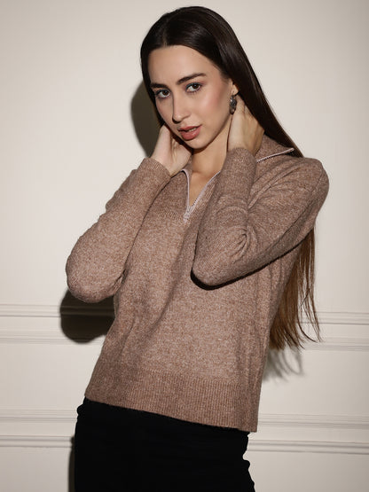 Acrylic Full Sleeve Brown Sweater with Collar