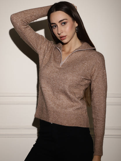 Acrylic Full Sleeve Brown Sweater with Collar