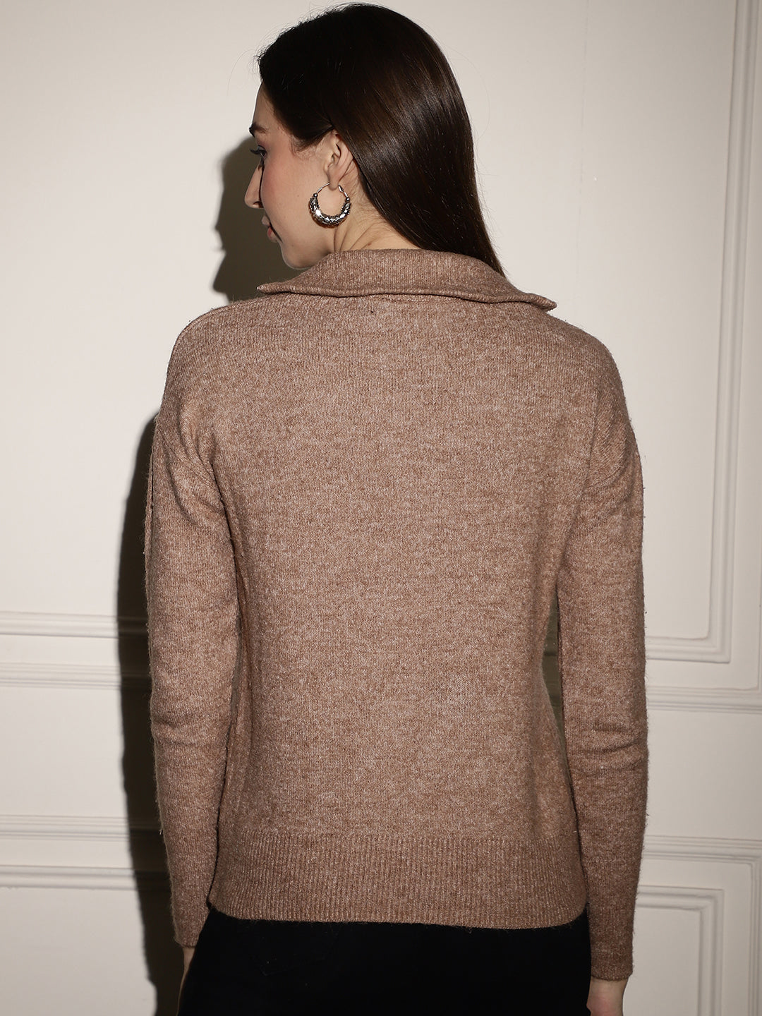 Acrylic Full Sleeve Brown Sweater with Collar