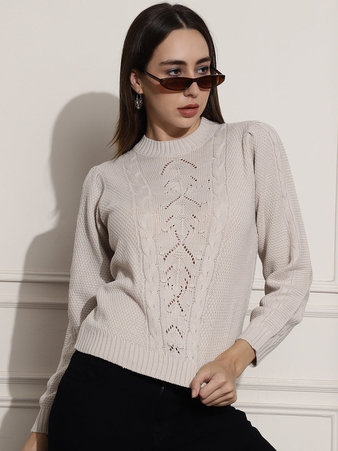 Acrylic Cable Knit Crew Neck Full Sleeve Beige Sweater