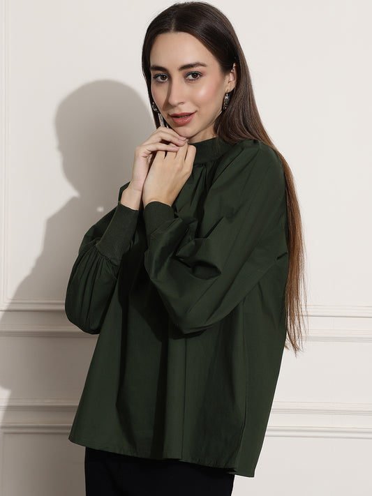 Cotton Full Sleeve Dark Green Top