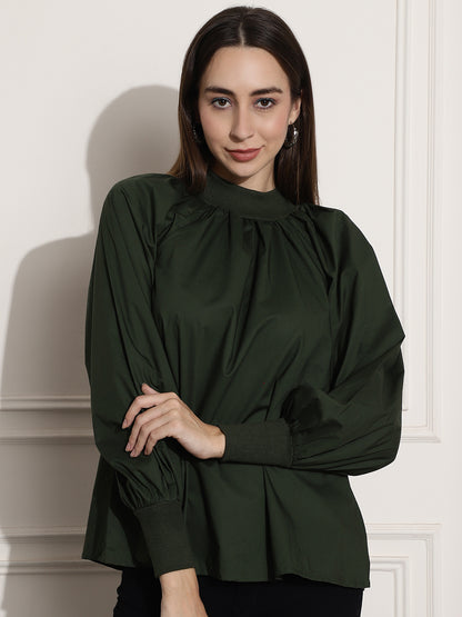 Cotton Full Sleeve Dark Green Top