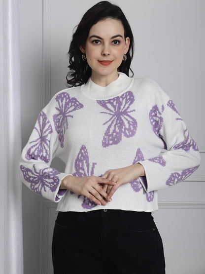 Acrylic White Butterfly Print Sweater